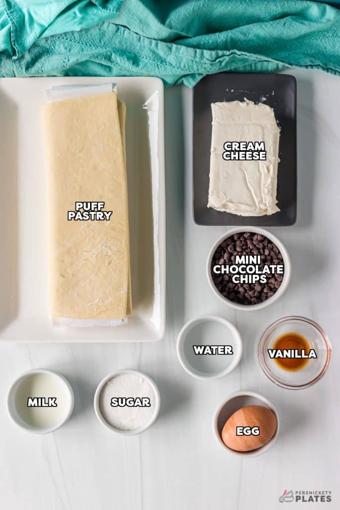 overhead shot of labeled ingredients laid out to make chocolate chip danishes.