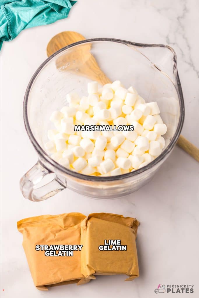 overhead shot of labeled ingredients laid out to make gelatin rollups.