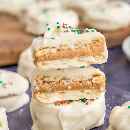 a stack of ritz peanut butter cookie crackers cut in half.