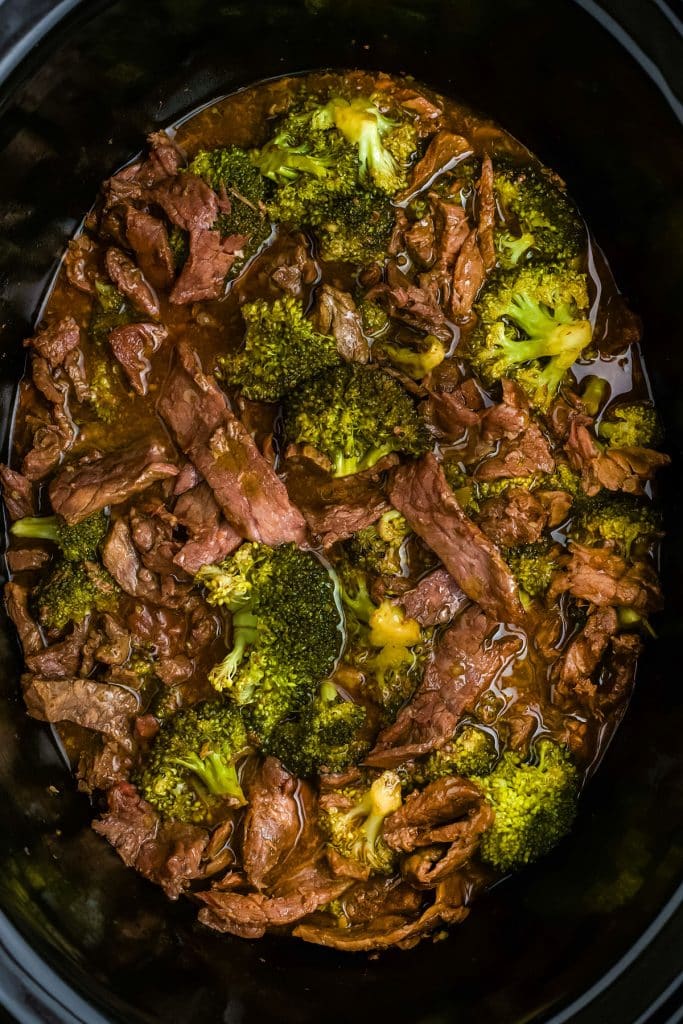 overhead shot of crockpot beef & broccoli.