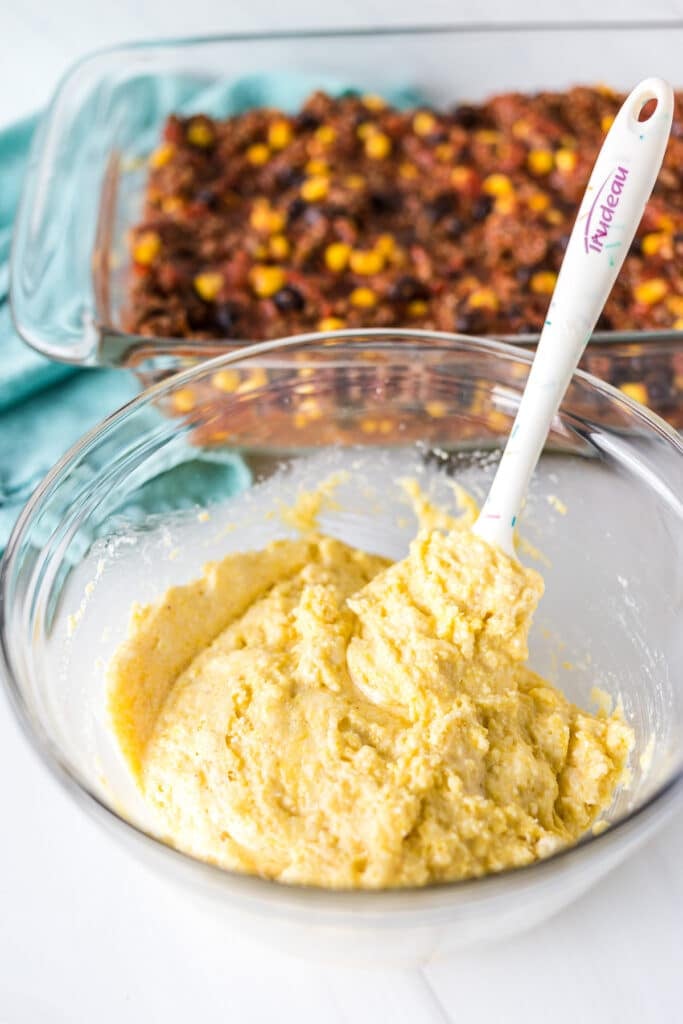 prepared jiffy cornbread mix in a mixing bowl.