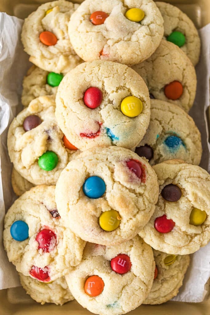 overhead shot of a platter of M&M sugar cookies