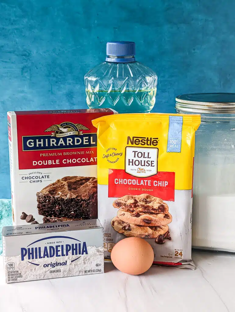 cookie dough, brownie mix, cream cheese, egg and oil.