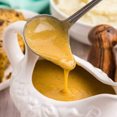 ladle scooping chicken gravy from a gravy boat.