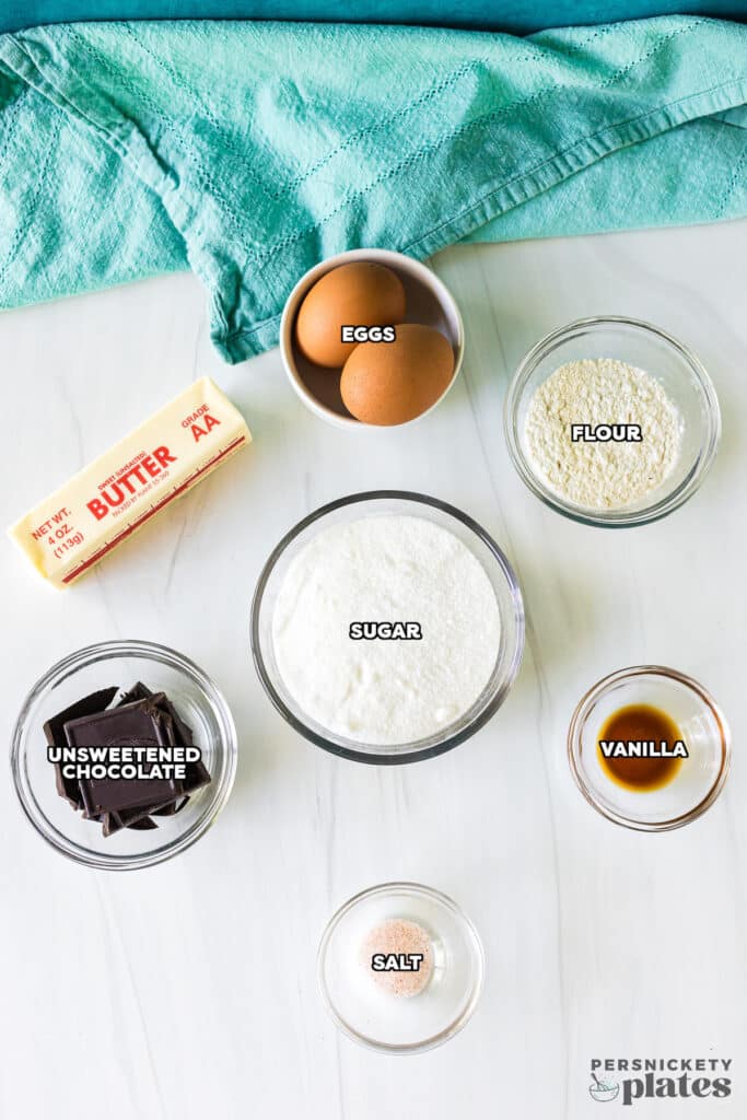 overhead shot of labeled ingredients laid out to make brownies.