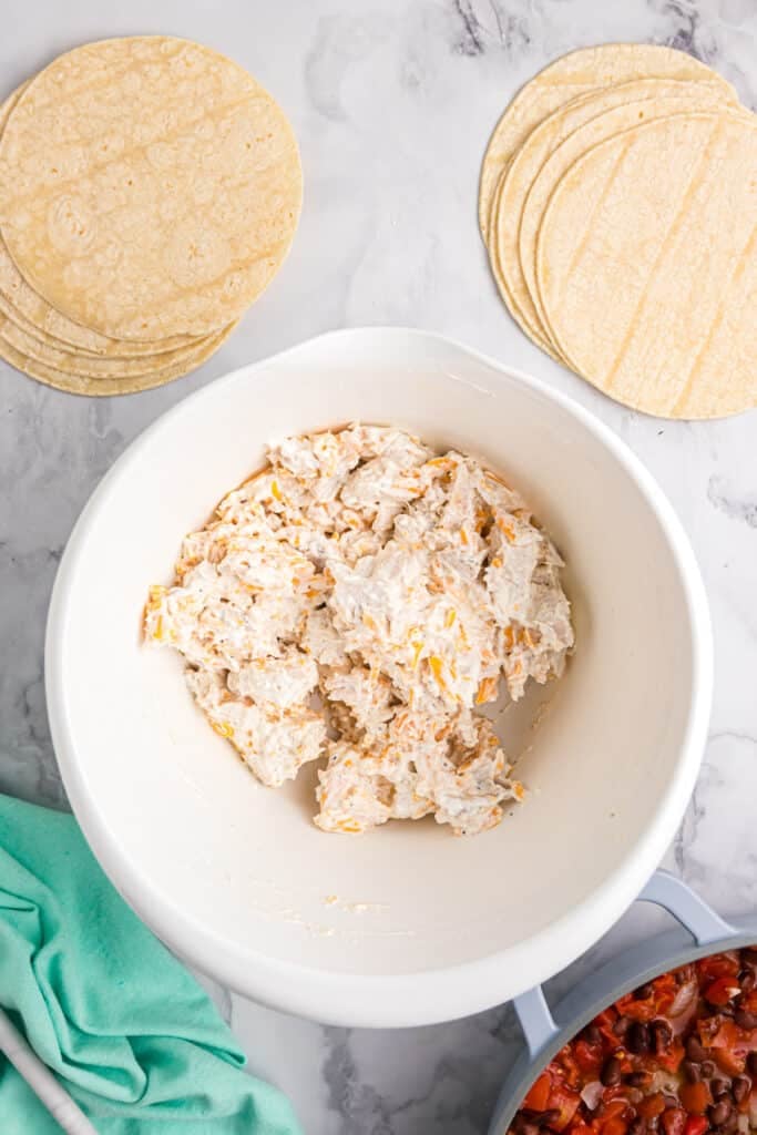 cheesy chicken mixture in a bowl.