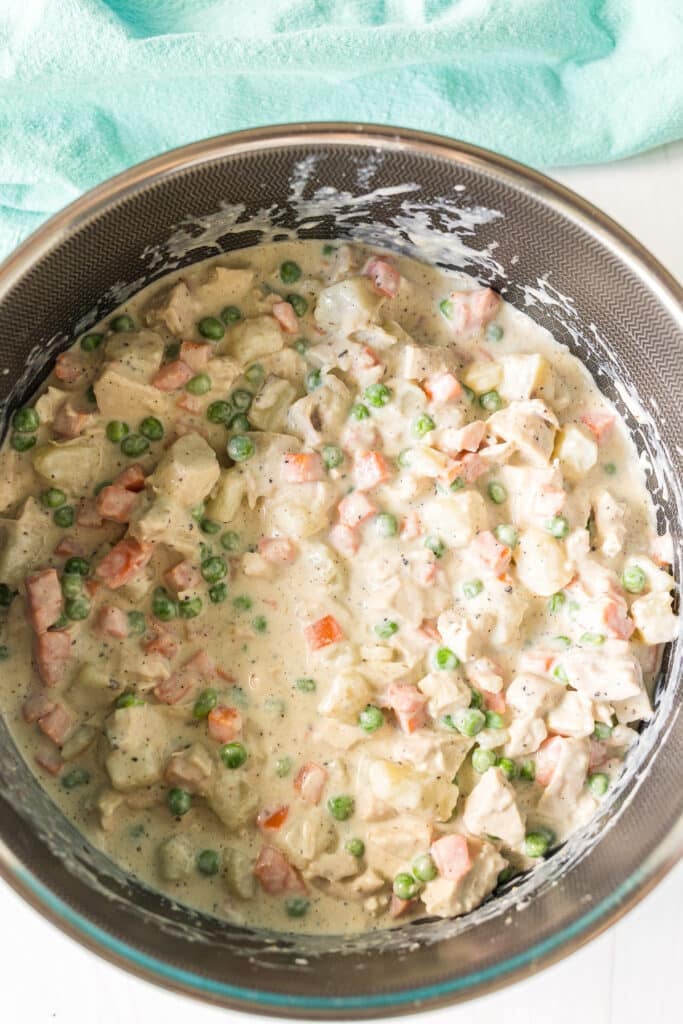 chicken pot pie filling in a pot.