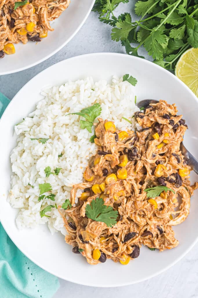 fiesta chicken on a plate with cilantro lime rice.