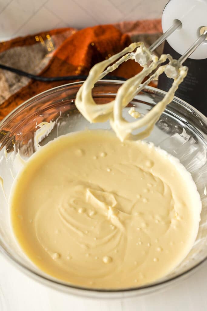 cheesecake batter in a mixing bowl.