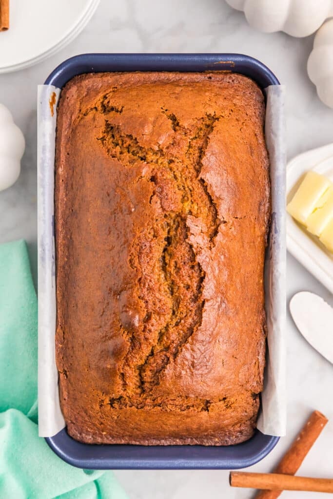 overhead shot of loaf of pumpkin bread.