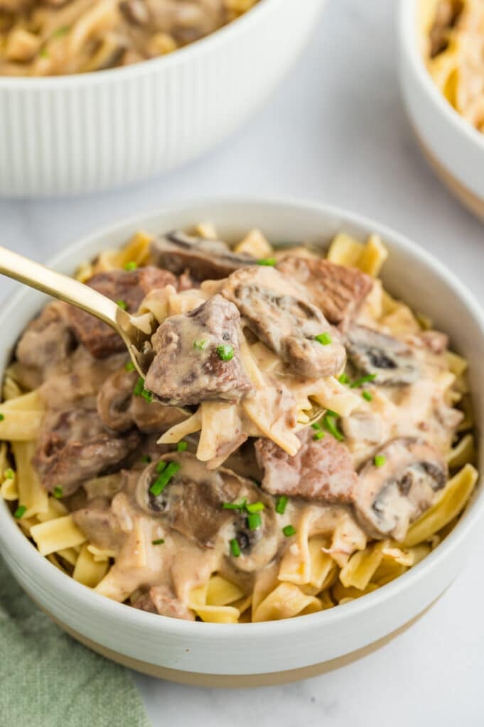 fork lifting a bite of beef stroganoff from a bowl of noodles.