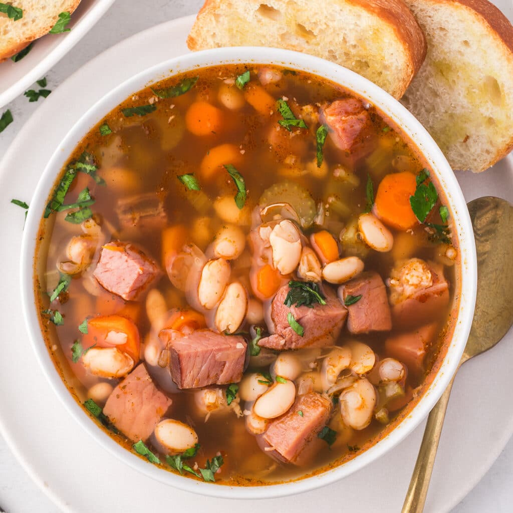 overhead shot of bowl of ham & bean soup.
