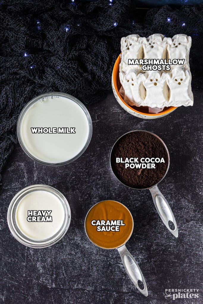 overhead shot of labeled ingredients laid out to make halloween hot chocolate.