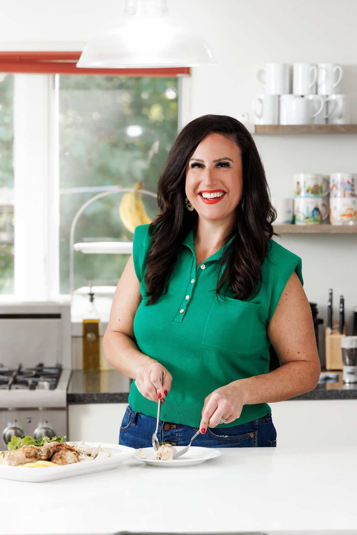 Liz eating slow cooker whole chicken.