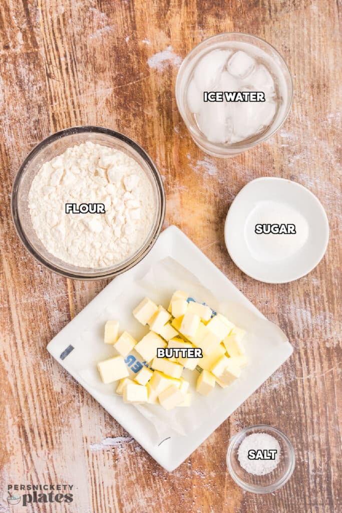 overhead shot of labeled ingredients laid out to make butter pie crust.