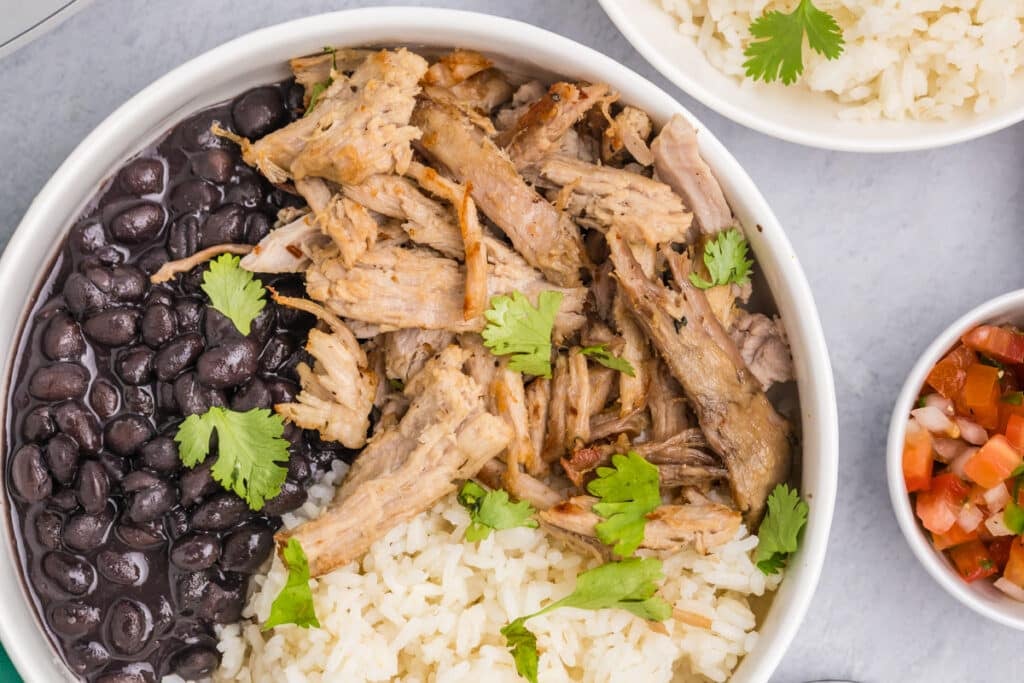 bowl of carnitas, rice, and black beans topped with cilantro.