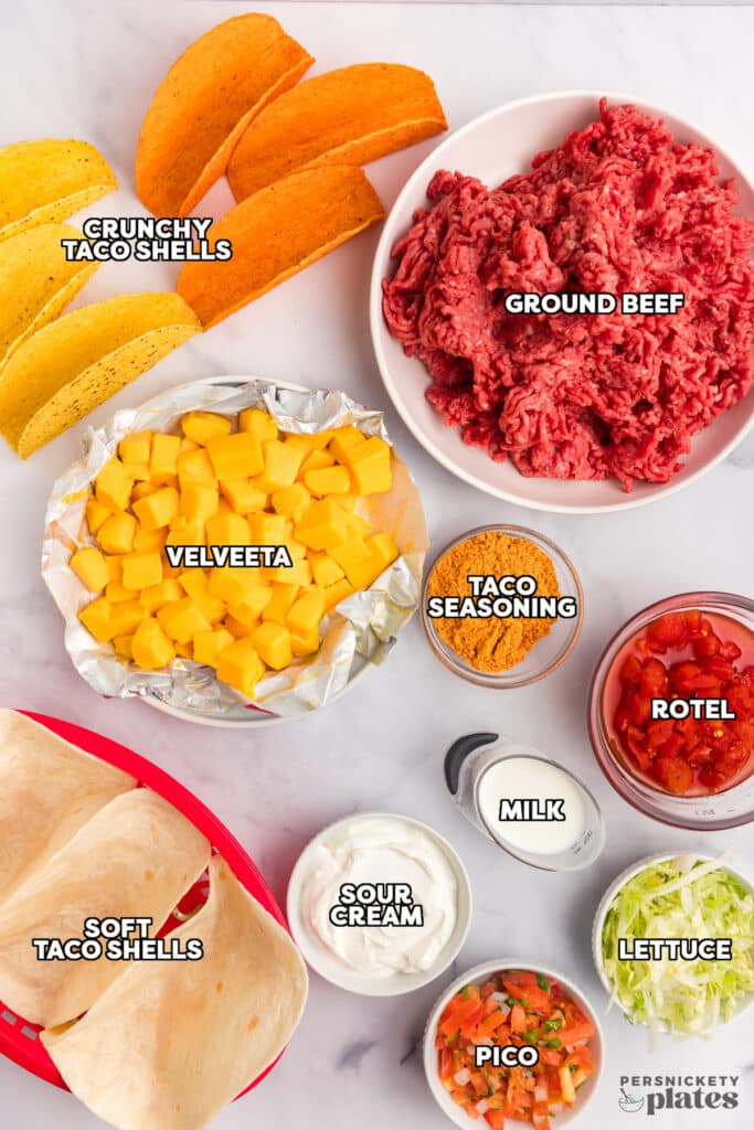 overhead shot of labeled ingredients laid out to make rotel tacos.