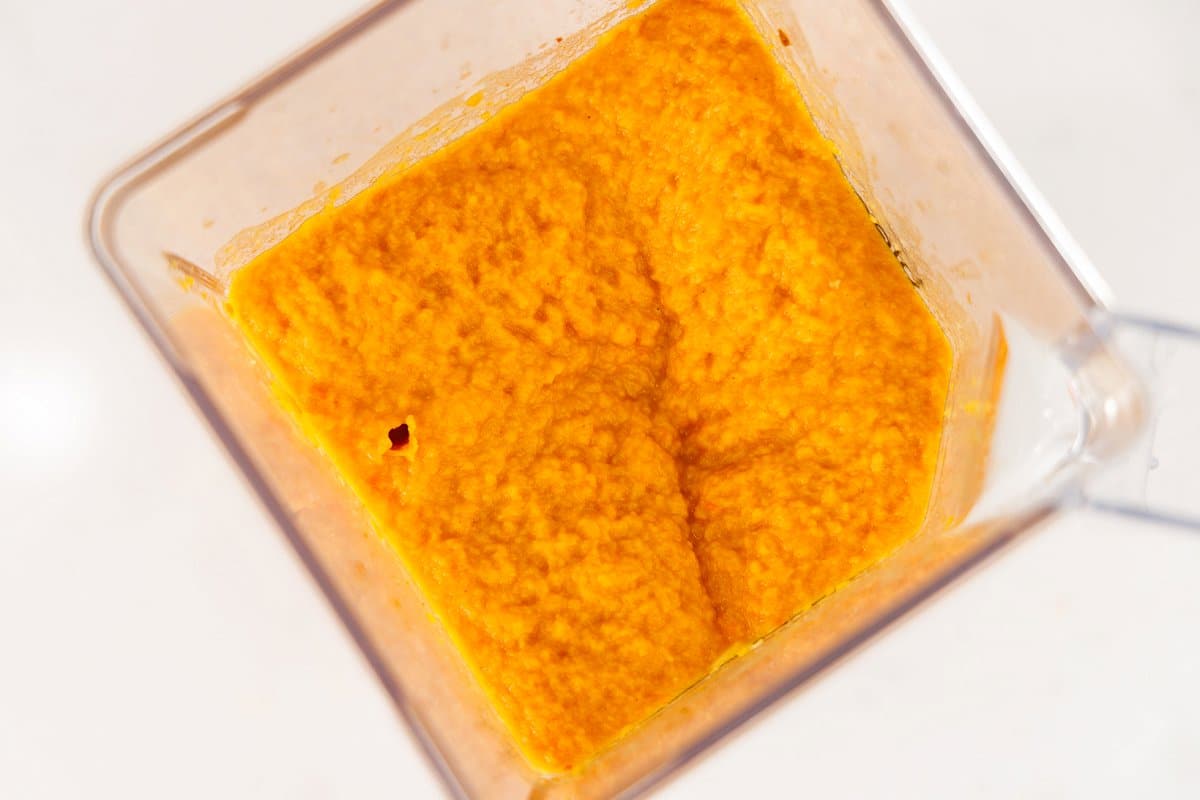 Blended root vegetable mis in a blender.