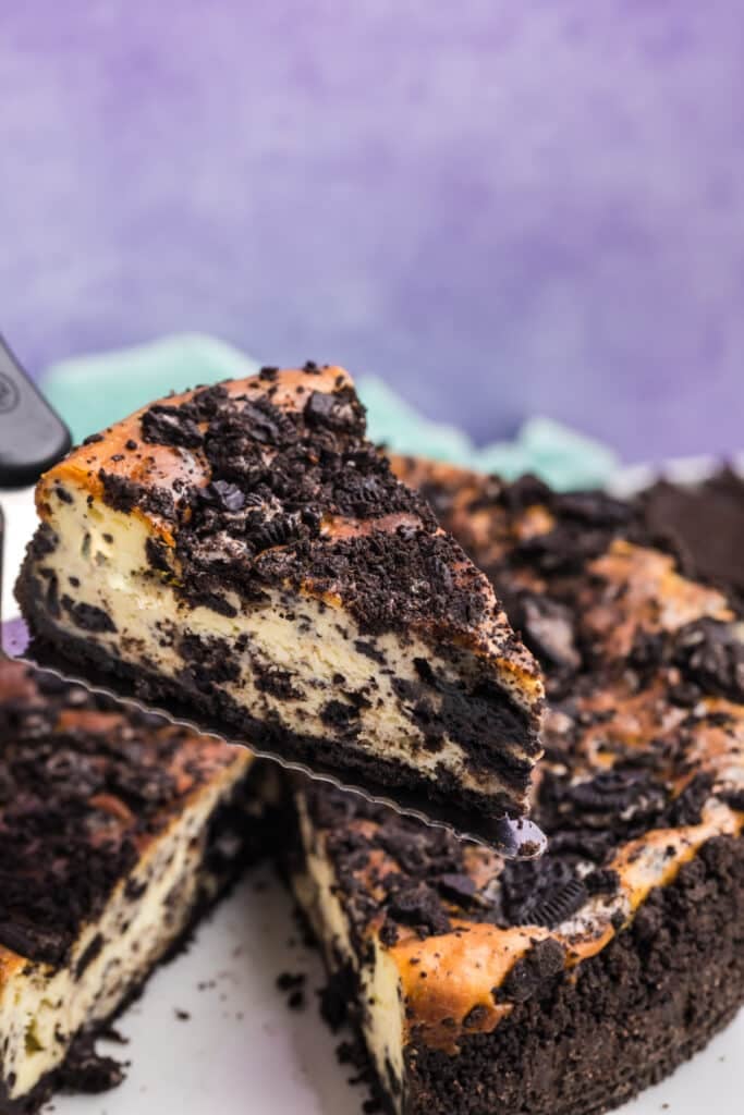 A slice of Oreo cheesecake lifted with a spatula.