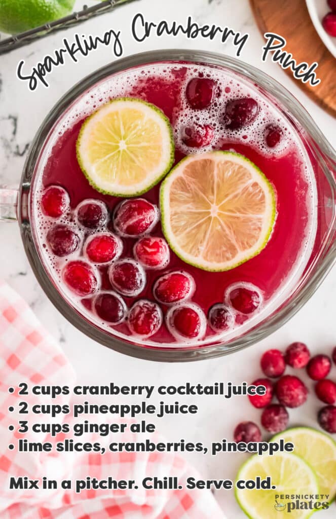 A pitcher of sparkling cranberry punch with lime slices and cranberries, showing recipe ingredients and instructions.