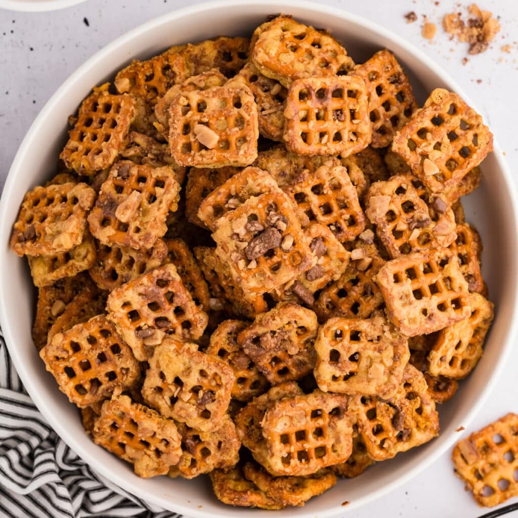 Bowl of butter toffee pretzels.