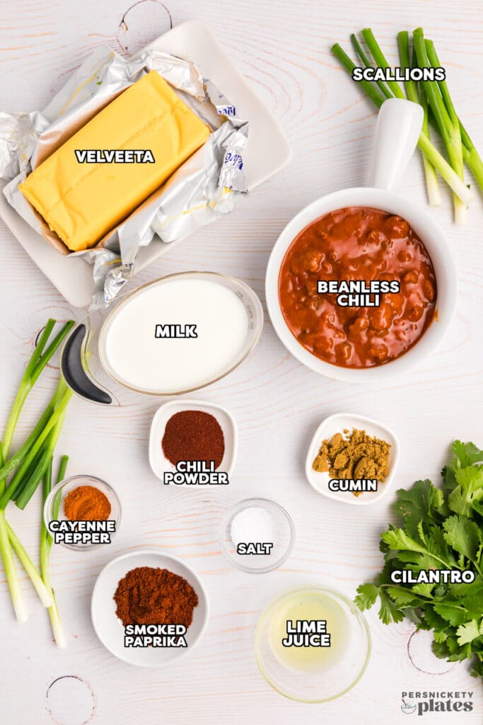 Ingredients for queso including Velveeta, chili, spices, milk, scallions, and cilantro, labeled and arranged on a countertop.