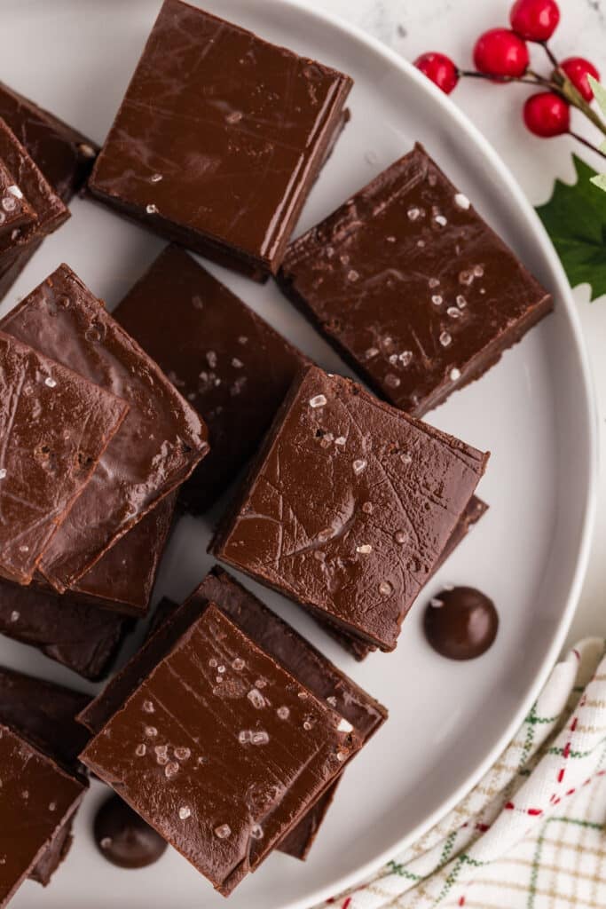 Plate of dark chocolate fudge pieces with flaky salt.