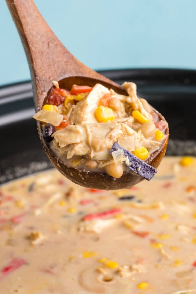 ladle lifting a scoop of chicken tortilla soup from a crockpot.