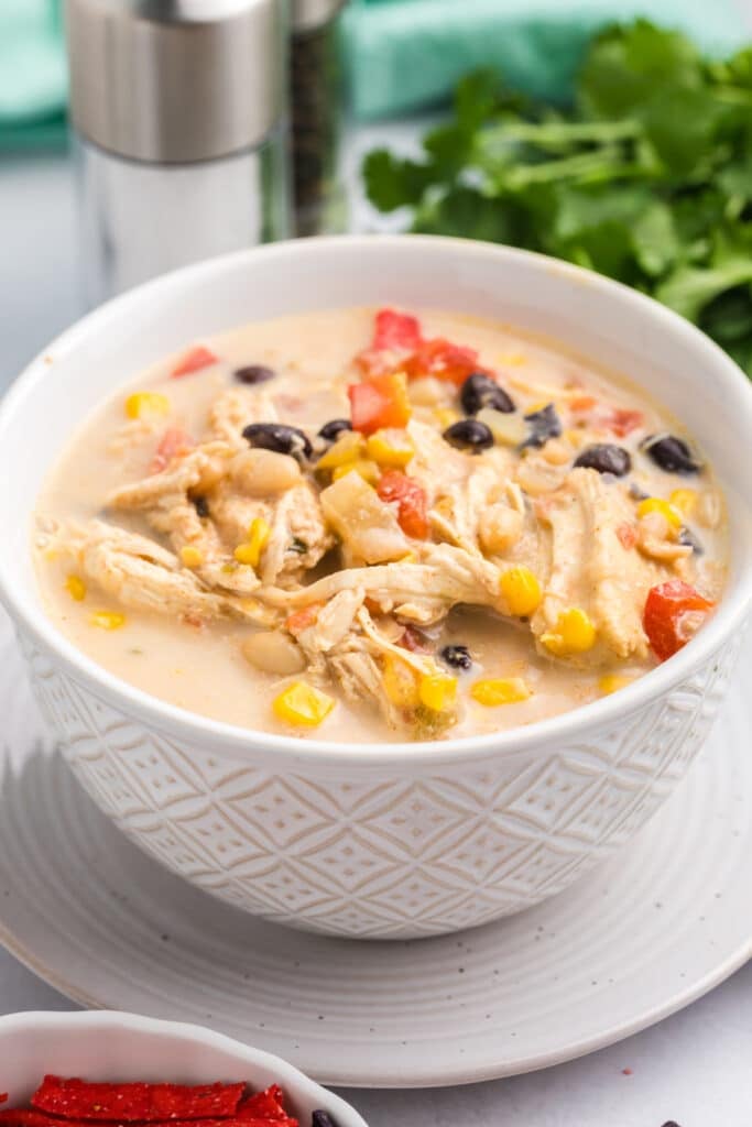 white bowl of creamy chicken tortilla soup.