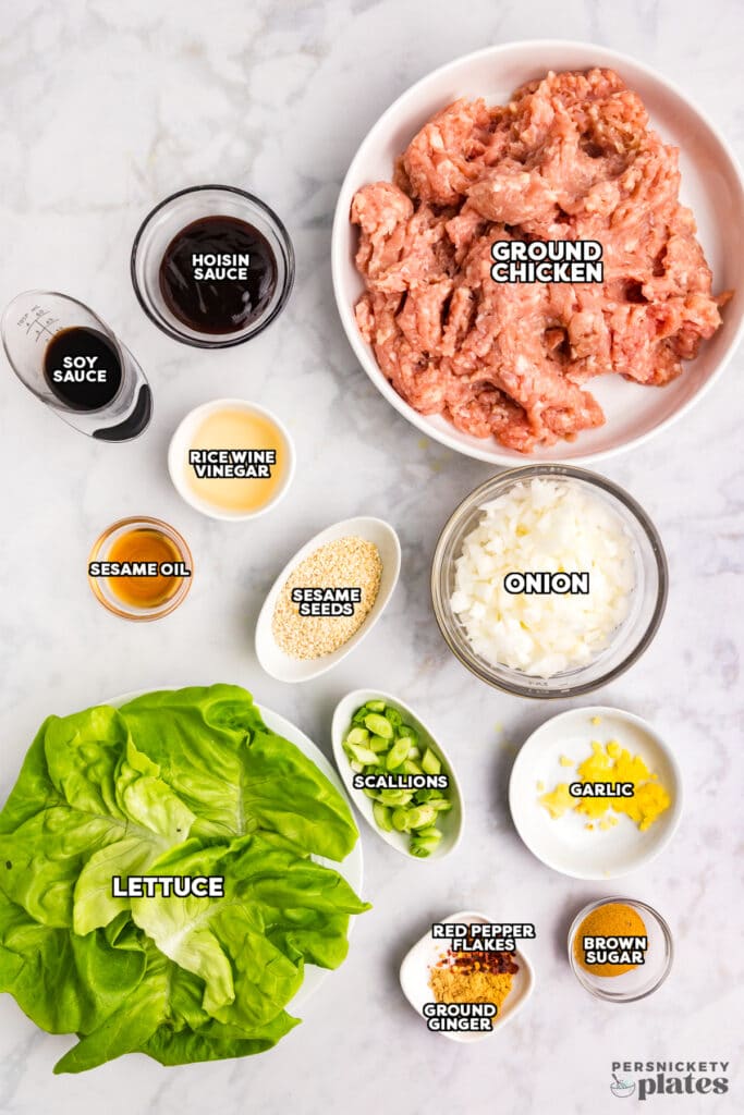 Overhead view of labeled ingredients for chicken lettuce wraps, including ground chicken, lettuce, soy sauce, hoisin sauce, garlic, onion, and seasonings on a marble countertop.
