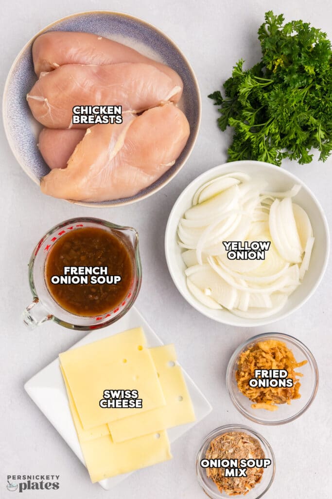 Labeled ingredients for crockpot French onion chicken.