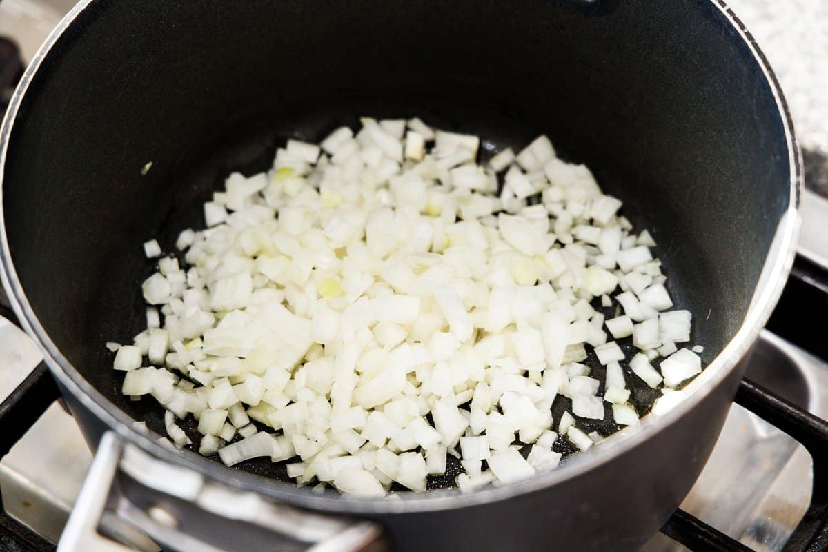Diced onion in bottom of large pot.
