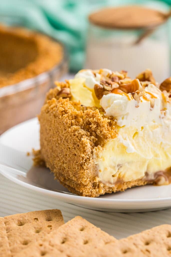 side view of a pie with a graham cracker crust.