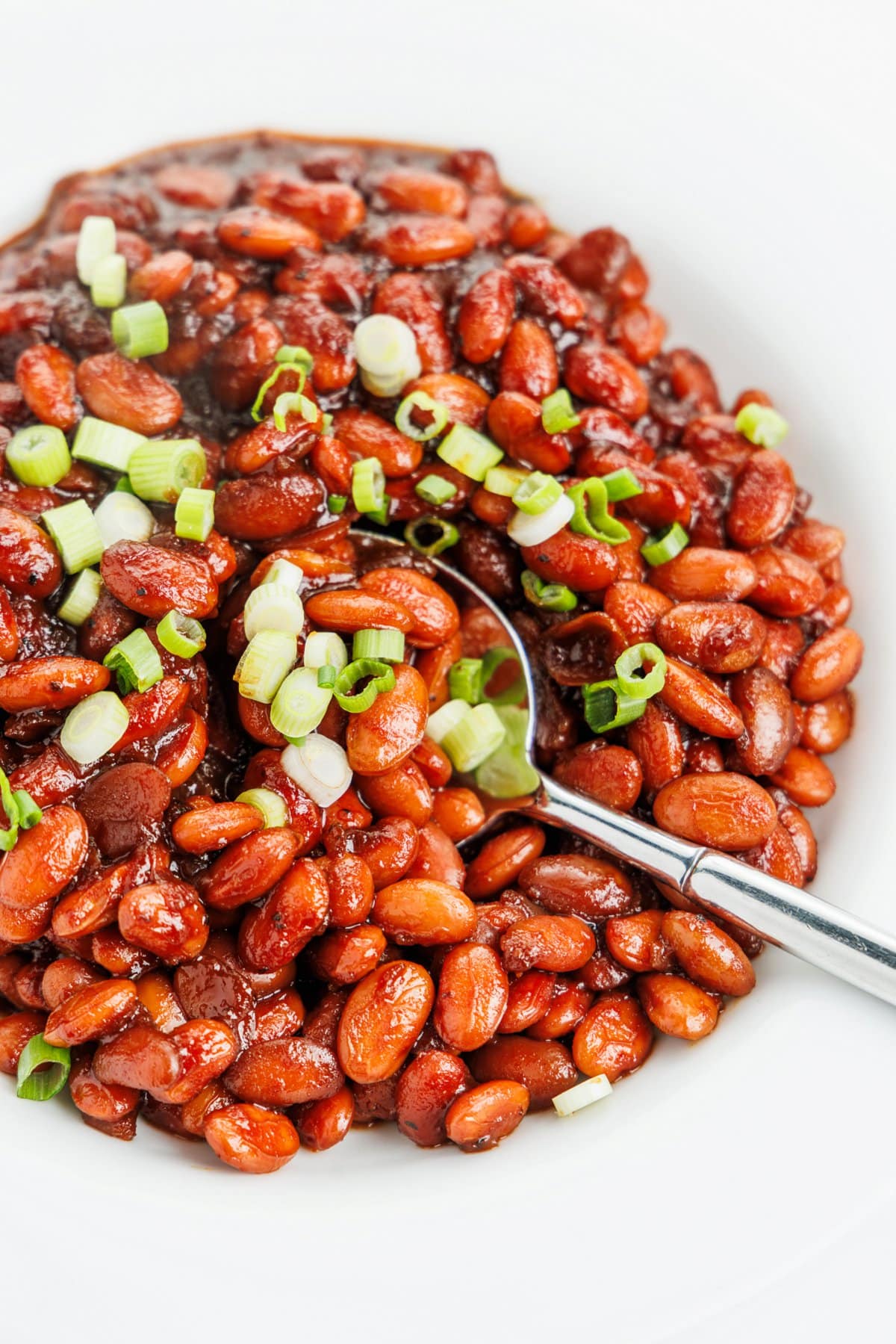 Slow cooker Boston baked beans in a white bowl.