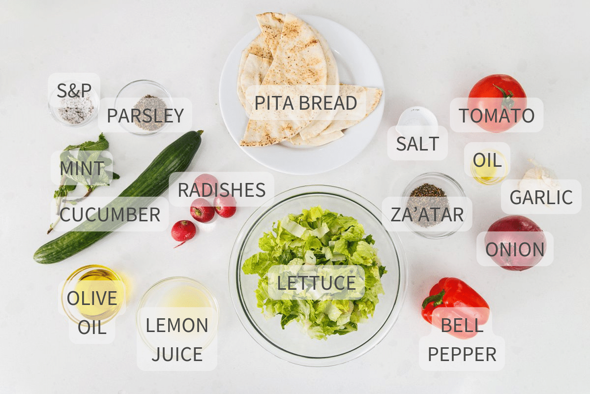 Ingredients to make a Lebanese fattoush salad labeled against a white background.