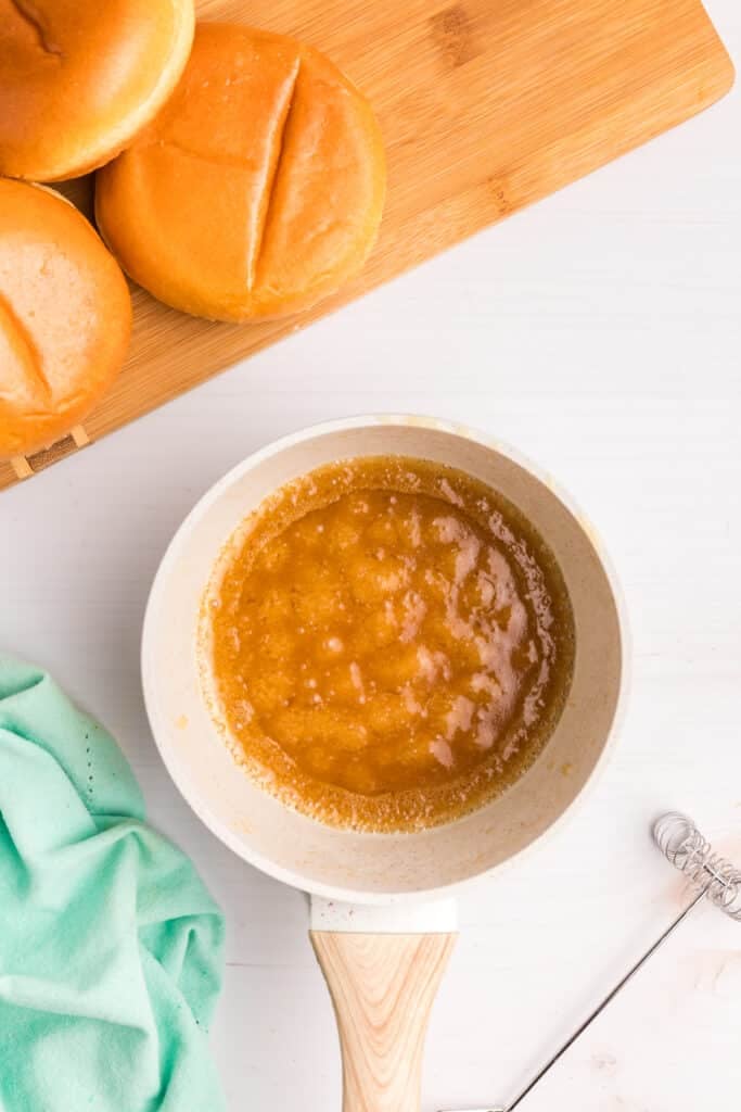 overhead shot of sauce in a saucepan.