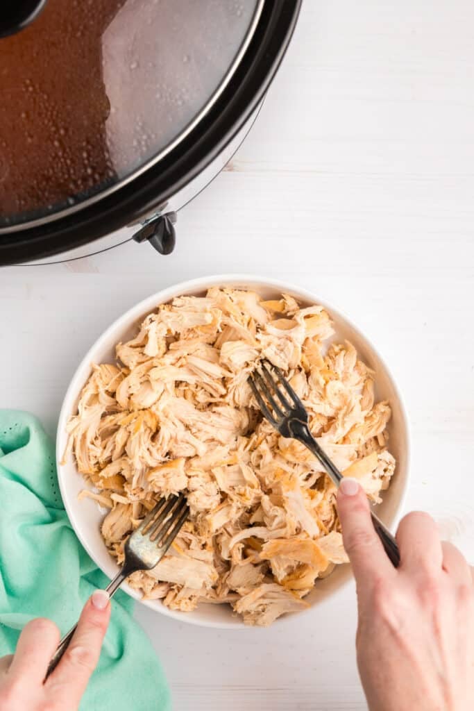 two hands shredding chicken with forks.