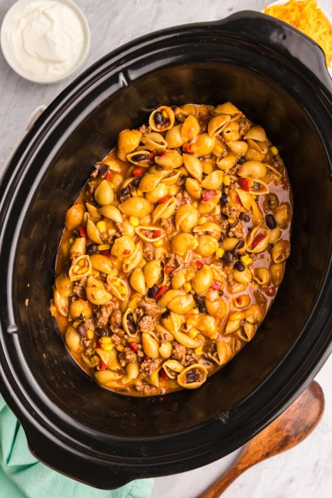 cheesy taco pasta in a crockpot.