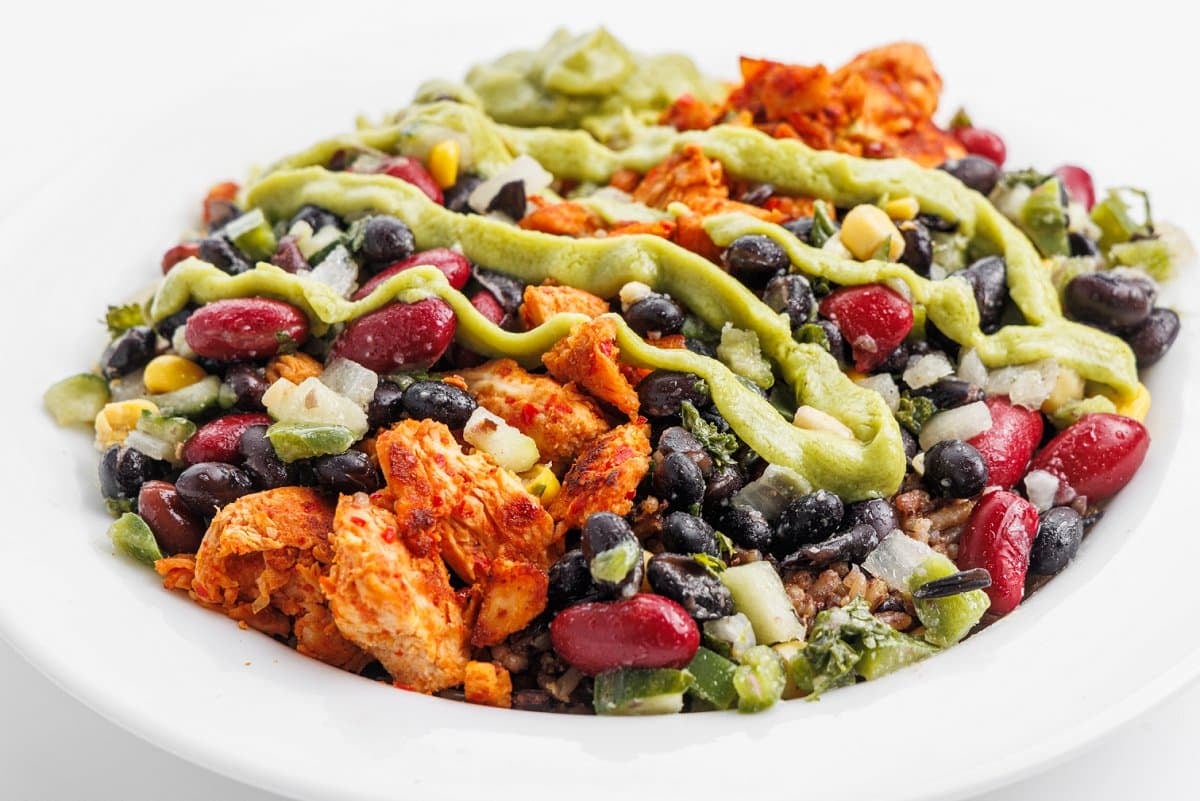 Protein-packed chicken avocado rice bowl.