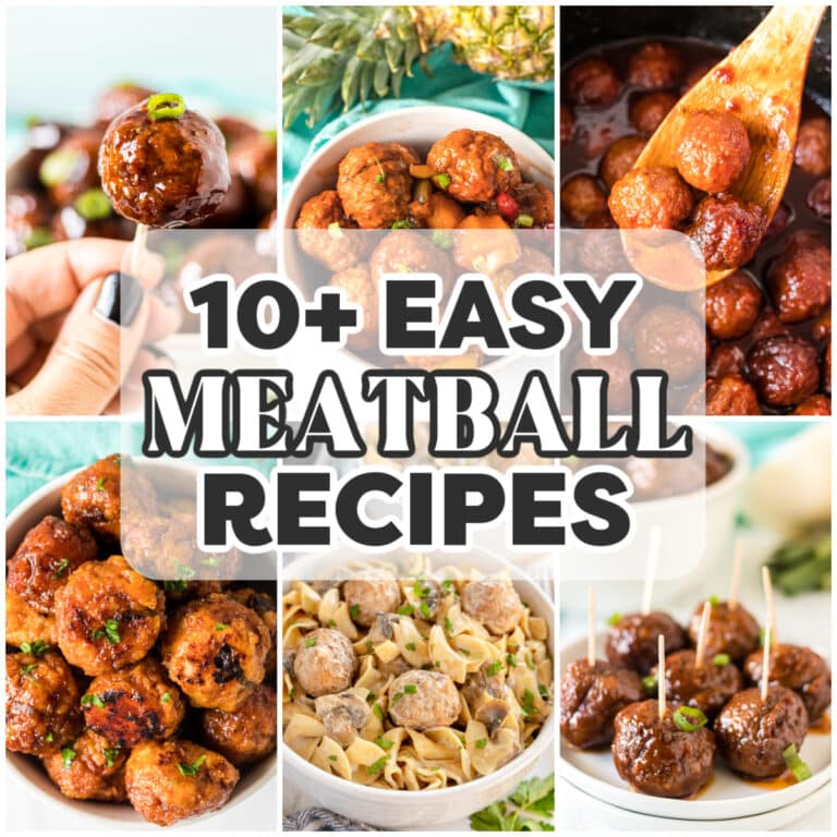 A collage of meatball recipes with text overlay reading "10+ Easy Meatball Recipes."