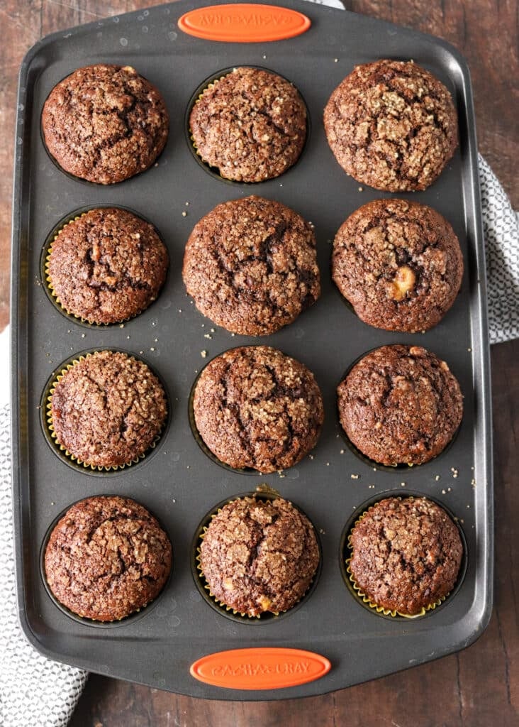 overhead shot of double chocolate muffins in a muffin tray.