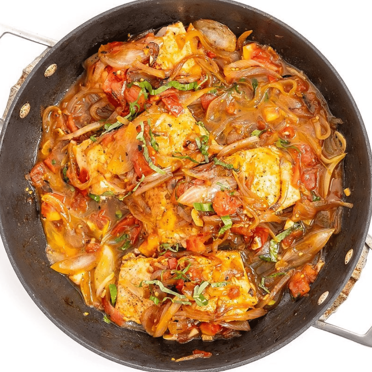 Sautéed Salmon with White Wine, Tomatoes, and Onions