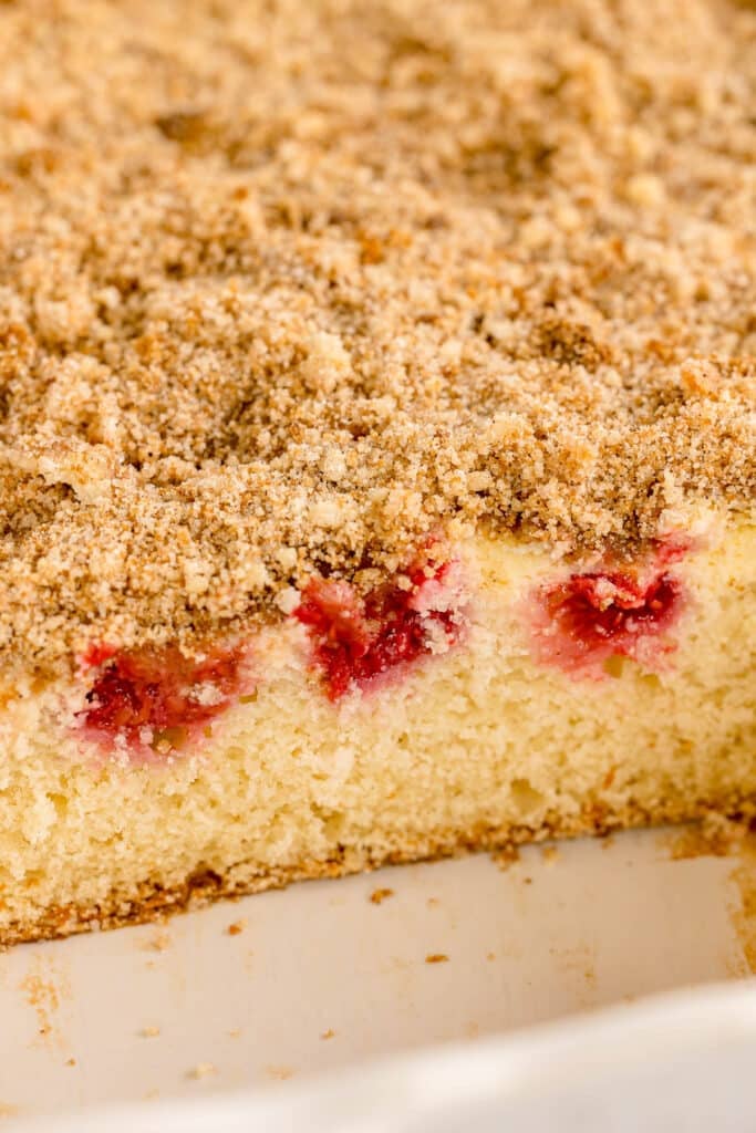 Close-up of the raspberry coffee cake showing the crumb topping and baked-in raspberries.