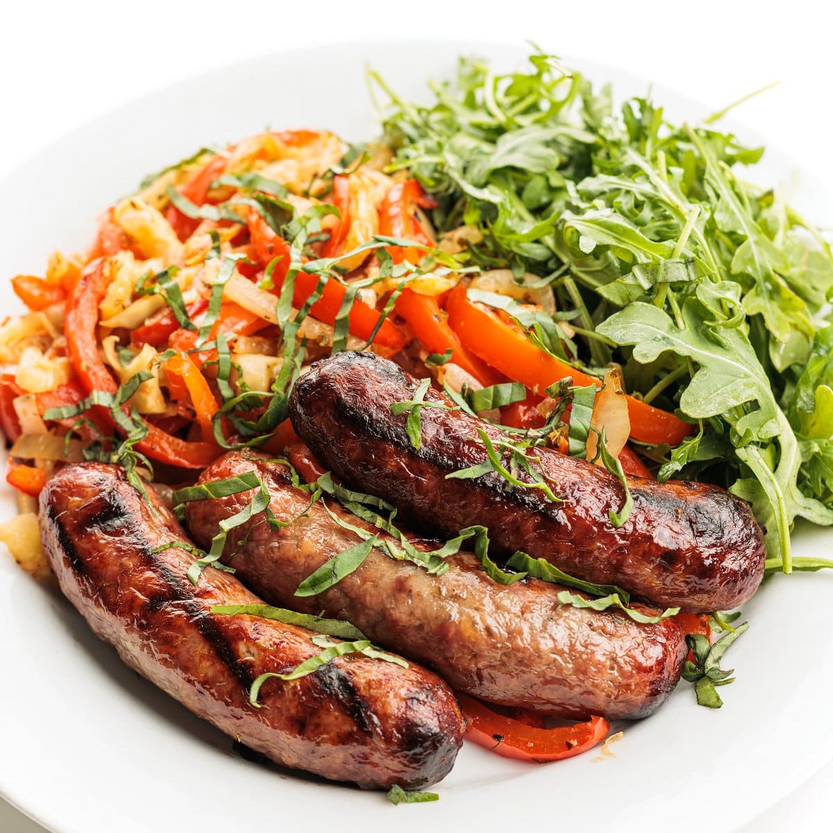 Grilled Bratwurst with Peppers and Onions