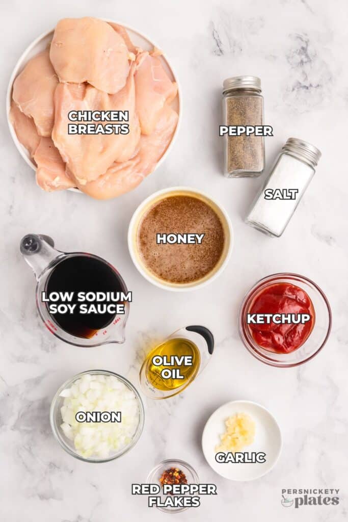 Overhead shot of labeled ingredients for honey bourbon chicken.