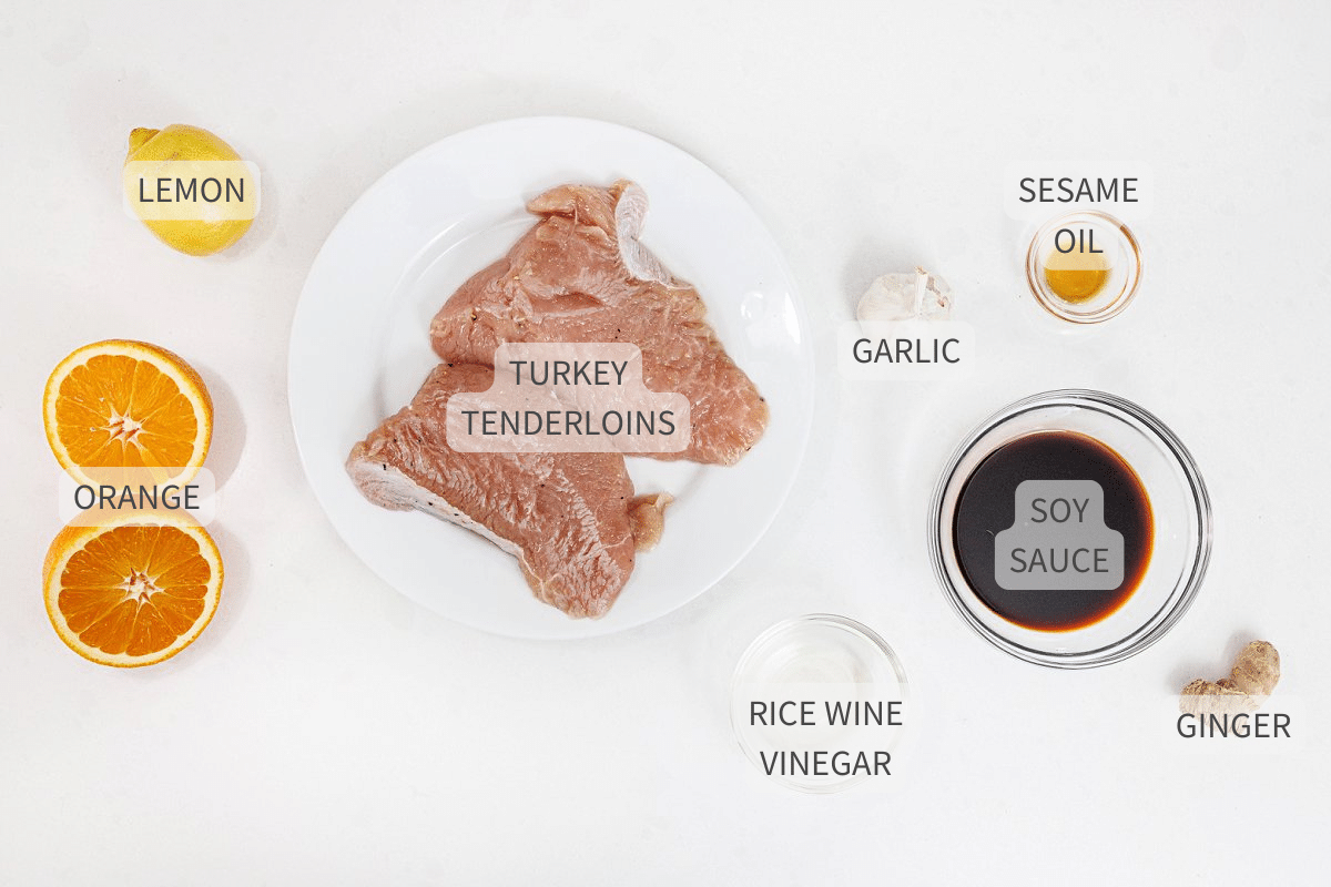 Labeled ingredients for grilled teriyaki turkey tenderloins.