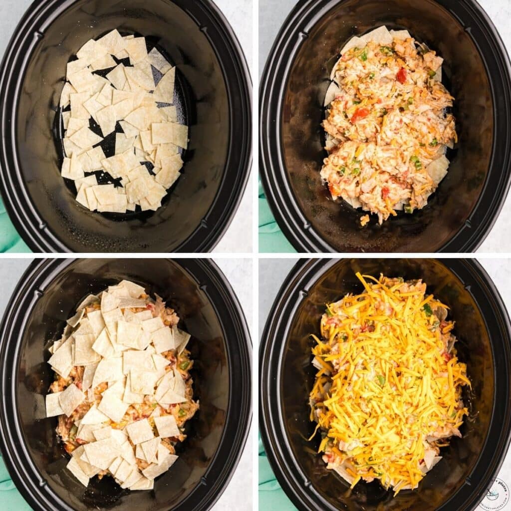 Four-panel collage showing step-by-step layering of a casserole in a slow cooker.