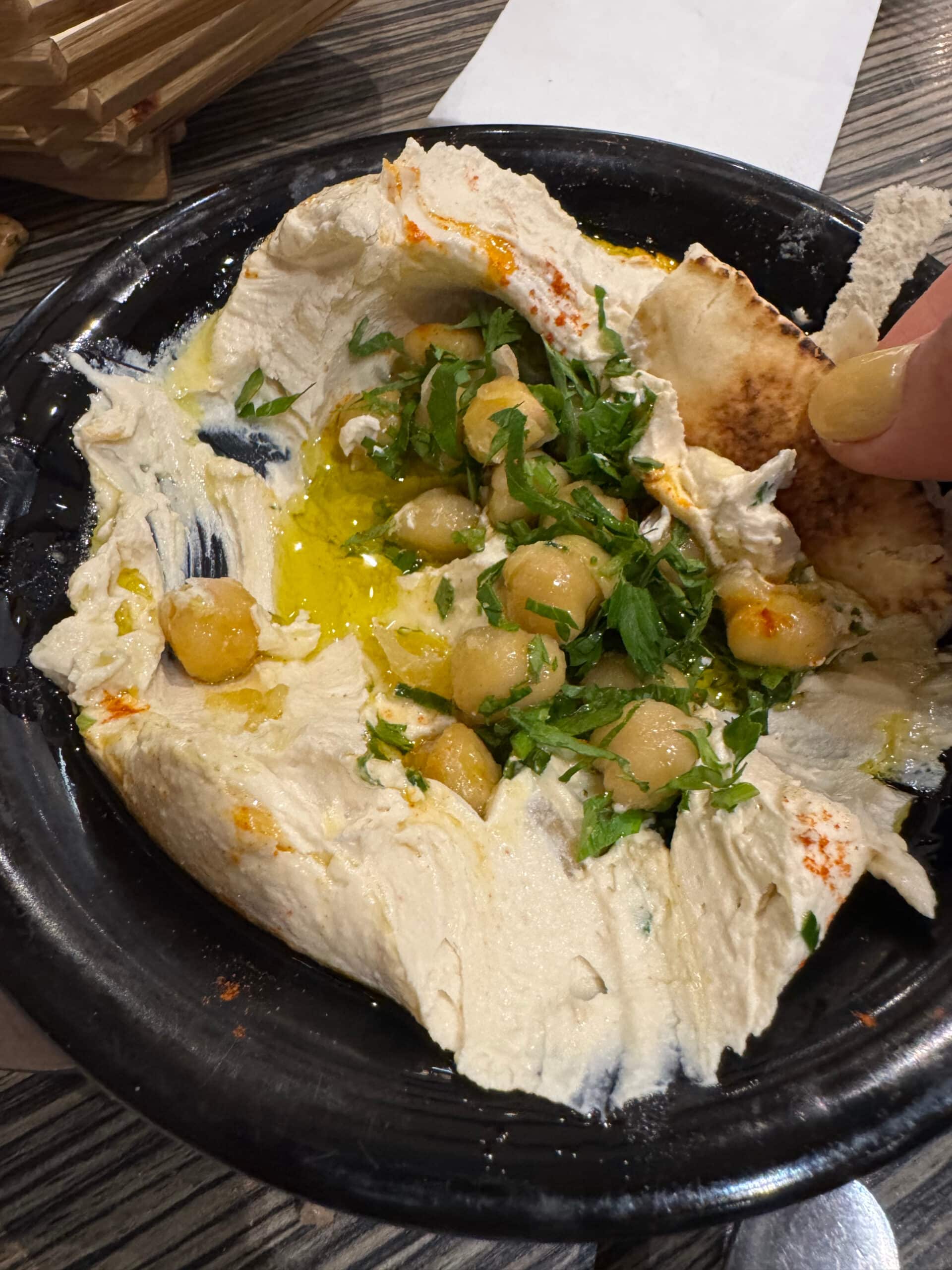 Hummus and pita dip, Syrian food in Westfield London.