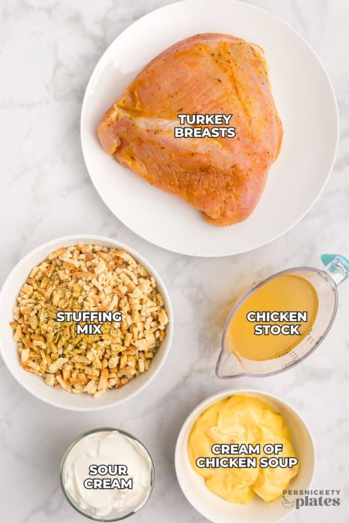 Labeled flat lay of ingredients for turkey stuffing casserole.