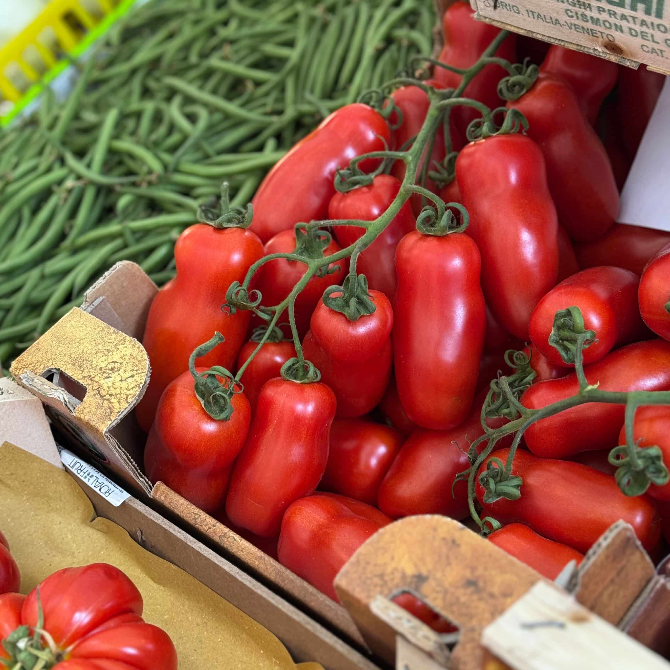 Fresh roma tomatoes and green beans at market.